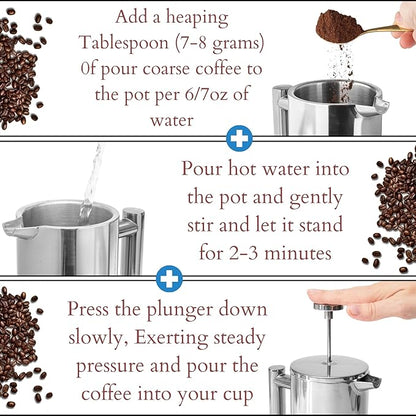 Mixpresso Stainless Steel French Press Coffee Maker 27 Oz 800 ml, Double Wall Insulated French Press Stainless Steel, Easy Clean Tea Brewer, Easy Press Durable Metal Coffee Press