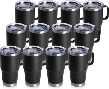 HASLE OUTFITTERS 20oz Tumbler Bulk with Lid, Stainless Steel Tumbler Bulk with Handle, Metal Insulated Travel Coffee Mug Set with Handle, Double Wall Vacuum Leak Proof Tumbler Cup, Black 12 Pack