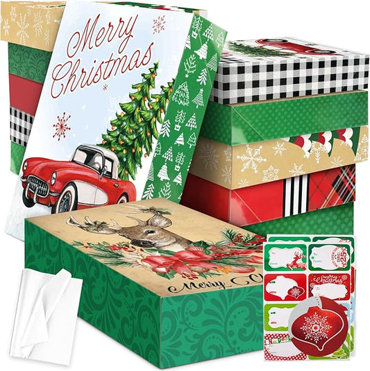 12 Extra Large Christmas Gift Wrap Boxes Bulk with Lids, 12 Tissue paper and 80 Foil Christmas gift Stickers for Wrapping Oversized Clothes (Robes, Sweater, Coat, Shirts) and Xmas Holiday Present