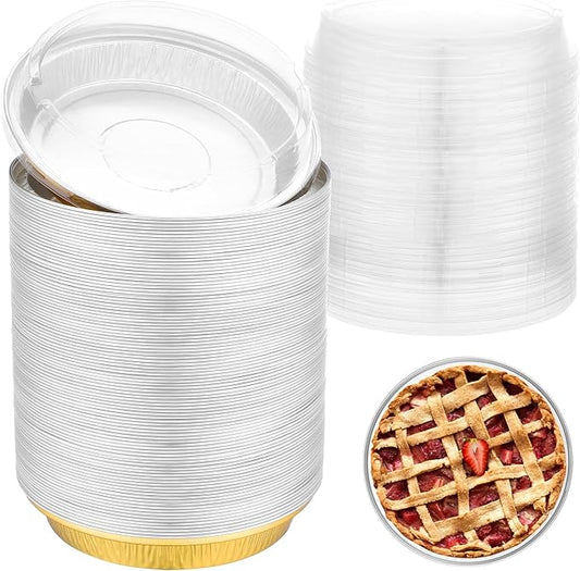 EUSOAR Mini Cake Pans with Lids, 100pcs 10oz/275ml Gold Baking Cups Cupcake Liners, Round Aluminum Cheesecake Container Cheesecakes Muffins Liners Pie Wrappers for Bakery Wedding Birthday Party