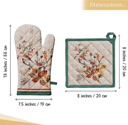 Maison d' Hermine 100% Cotton Oven Mitt & Pot Holder Set (7.5"x13" & 8"x8") Heat Resistant BBQ Cooking Gloves with Loop, Baking, Grilling, Kitchen, Handling Hot Pans (Recolte)
