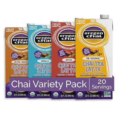 Oregon Chai Tea Concentrate Variety Pack with 4 Flavors: Original Chai, Spiced Chai, Vanilla Chai, Salted Caramel Chai - 32 Fl Oz (Pack of 4)