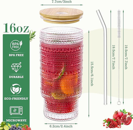 16 Oz Glass Cups with Lids and Straws, Vintage Embossed Glassware for Whiskey Cocktail Beer, Iced Coffee Cup with Lid, Glass Tumbler (2 PACK)
