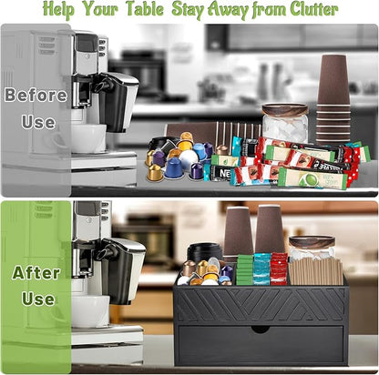 Farmhouse Coffee Bar Organizer - Wooden Countertop Station With Drawer, Pods Holder & Storage Basket