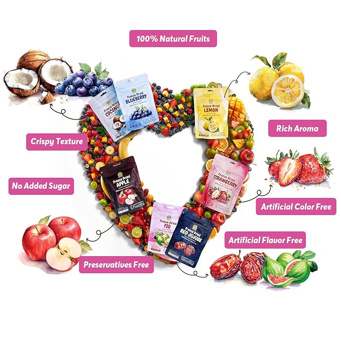 SUNGIVEN Mixed Freeze Dried Fruit for Beauty, Variety Pack of 12 Bag, 7 Kinds of Fruit, Health Snack, Rich in Vitamins, Apple Strawberry Blueberry Lemon Coconut Fig Red-Dates, No Sugar Added, 9.7 oz