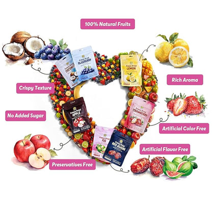 SUNGIVEN Mixed Freeze Dried Fruit for Beauty, Variety Pack of 12 Bag, 7 Kinds of Fruit, Health Snack, Rich in Vitamins, Apple Strawberry Blueberry Lemon Coconut Fig Red-Dates, No Sugar Added, 9.7 oz