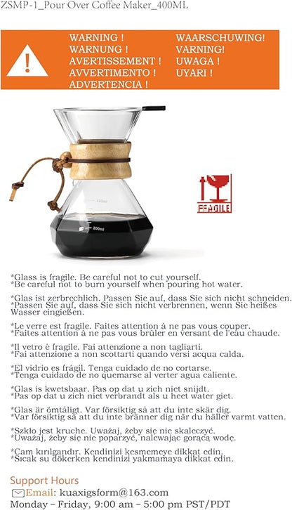 Pour Over Coffee Maker with Stainless Steel Filter, Borosilicate Glass Coffee Carafe, Modern Wooden Collar, Coffee Maker Carafe, Hold 2 Cups, 400 ml/13.5 oz, Clear