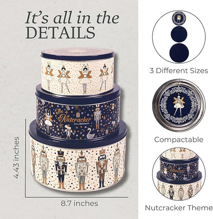 Steel Mill & Co Tin Containers with Lids, 3 Pack Christmas Cookie Tins, Festive Cookie Tins for Gift Giving & Holiday, Large Medium Small (The Nutcracker)