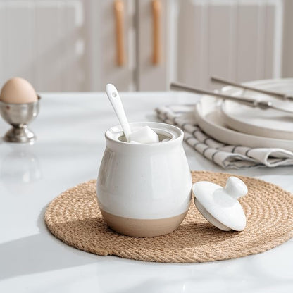 famiware Milkyway Sugar Bowl with Lid and Spoon, 10oz Ceramic Sugar Jar/Pot/Dispenser for Salt, Condiments, Spice, Seasonings, Sugar Container for Coffee Bar, Home, Kitchen, and Countertop, White