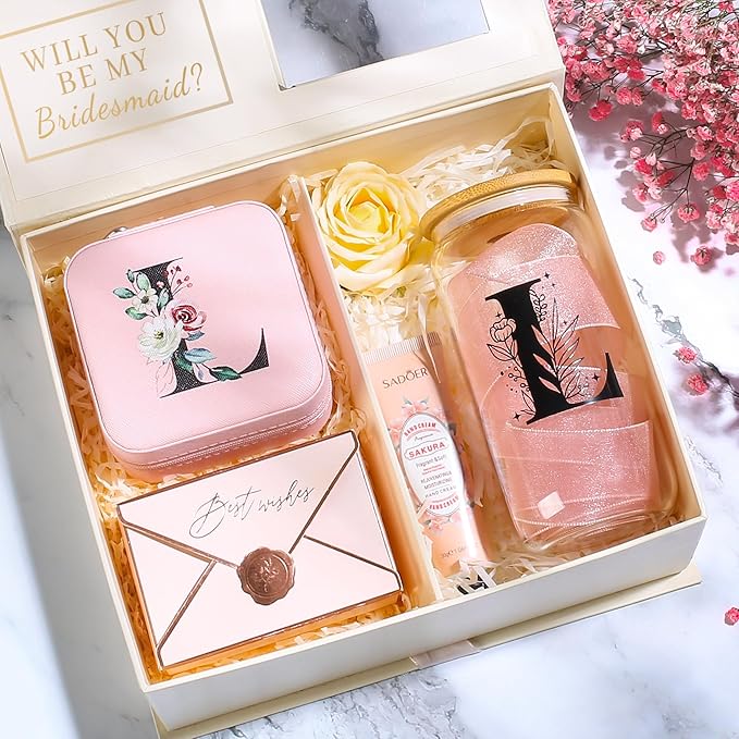 AYGXU Bridesmaid Gifts,18 year old girl birthday gifts,teacher gifts for womens,Drinking glass with Bamboo Lids and Straw,Jewelry Organizer,Travel Essentials Small Jewelry Box,Initial C pink