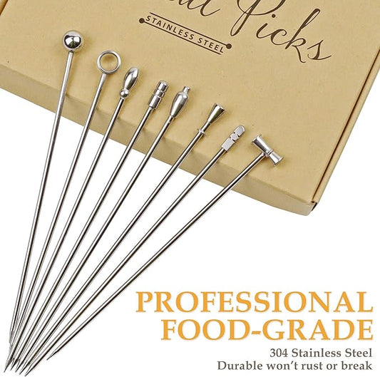 DEMIGO Cocktail Picks, 8 New Styles Stainless Steel Reusable Olive Stuffers Martini Picks set Fruit Toothpicks Garnish Skewers Appetizer Drink Stick for Bar party, Barbeque Snacks, Club sandwiches
