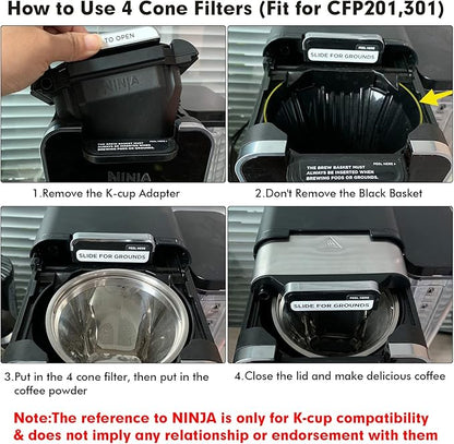 Stainless Steel Reusable Coffee Filter Compatible with Ninja Coffee Maker, 4 Cone Coffee Filters Coffee Basket, Permanent Coffee filters fit for Ninja CFP201 CFP300