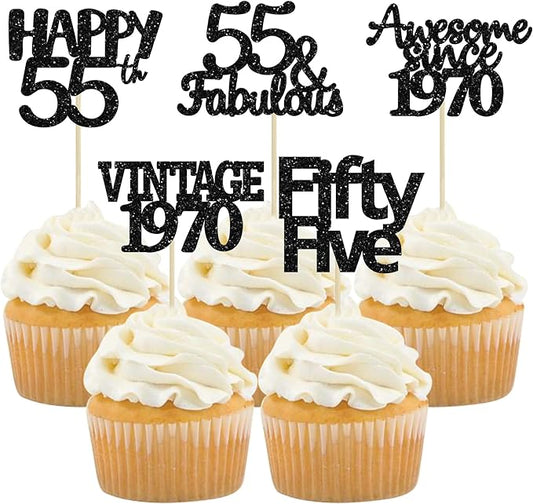 Gyufise 30 Pack Black Glitter Vintage 1970 Cupcake Toppers Glitter 55 Fabulous Happy 55 Cheers to 55 Years Birthday Cupcake Picks 55th Birthday Anniversary Cake Decorations Supplies