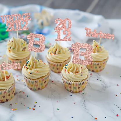 Gyufise 24Pcs 13th Birthday Cupcake Toppers Glitter Thirteen Vintage 2012 Hello 13 Years Birthday Cupcake Picks Official Teenager 13 Cake Decor for Happy 13th Anniversary Party Rose Gold