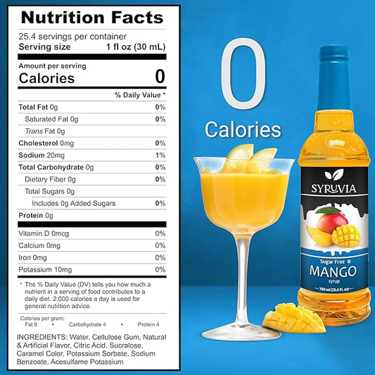 Syruvia Sugar-Free Mango Syrup, Flavored Syrup for Drinks, Cocktails, Lemonades, Iced Teas, and Desserts – 25.4 fl oz, With Pump