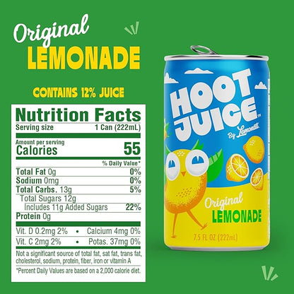Hoot Juice Original Lemonade By Lemonati, No Artificial Sweeteners or Flavors, Gluten-Free, Kosher, Non-GMO, Vegan, 7.5 Fl Oz Mini-Cans, Pack Of 24, Original Lemonade