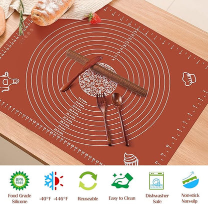 6PCS Silicone Baking Mat Set, Pastry Mat with Measurements Wooden Rolling Pin/Knife/Fork/Spoon/Scraper, Pasta Cutter,Non-slip Silicone Mat, Non-Stick Dough Mat for Counter,Kneading Mat Set,20"*16"
