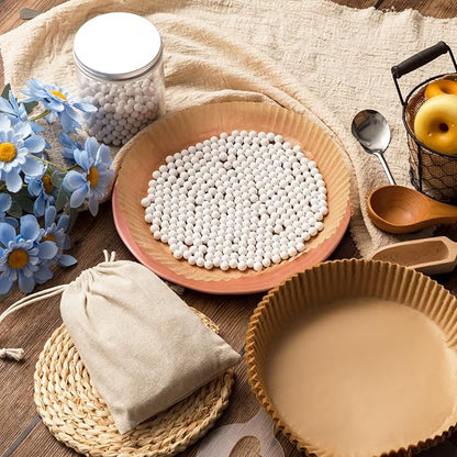 1 Pack White 2 lb Pie Weights for Baking Crust Ceramic Weights Blind Baking Beads with 50 Pcs Disposable Parchment Paper Pie Liner Fit 8,9,10 Inch Dish