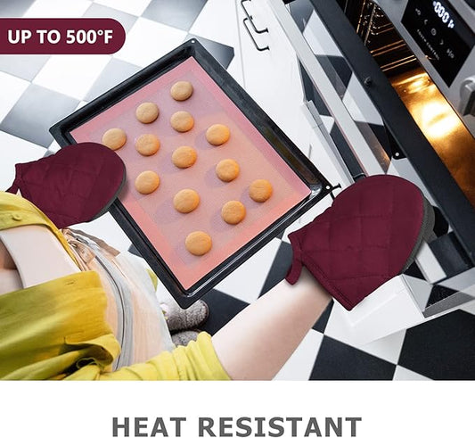 Qulable 1 Pair Short Oven Mitts - Silicone Kitchen Oven Gloves High Heat Resistant 500℉, Mini Oven Mits with Non-Slip Grip Surfaces and Hanging Loop for BBQ, Baking, Cooking and Grilling (Dark Red)