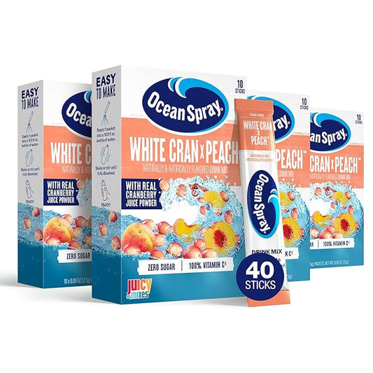 Ocean Spray® White Cran-Peach™ Zero Sugar Powder Drink Mix Packets with Real Cranberry Juice Powder, 100% Vitamin C, No Synthetic Dyes, Juicy Mixes (40ct)