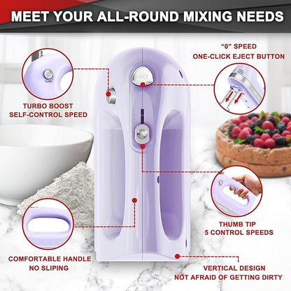 Lord Eagle Hand Mixer Electric 400W, 5 Speed handheld Mixer, 5 Stainless Steel Accessories for Baking Cake Egg Cream Food Beater, Turbo Boost/Self-Control Speed + Eject Button