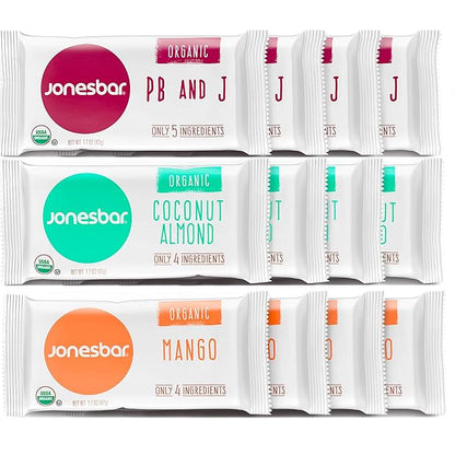 JONESBAR Organic Plant Based Protein Bars | Fruit Lovers Pack | Fruit & Nut Bar, Kosher, Gluten Free, Breakfast Bars, School Snacks, Vegan Snack & Healthy Snacks for Adults and Kids (Pack of 12)
