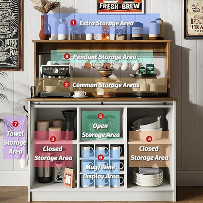 4ever2buy Farmhouse Coffee Bar Cabinet with 6 Hooks, 47'' Kitchen Coffee Bar with Hutch and 9 Wine Racks, White Sideboard Buffet with Sliding Barn Door for Dining Living Room