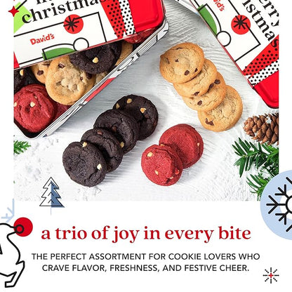 David's Cookies Merry Christmas Mini Cookies in Sweet Sampler Tin - Assorted Mini Christmas Cookies with Chocolate & White Chocolate Chip and Red Velvet - Gourmet Cookie Gift Basket for Holidays 14oz