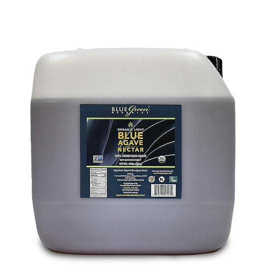 BLUE GREEN ORGANICS, Agave syrup, Agave, Gluten Free, Organic, Sweetener, cakes, coffees, pancakes or any baked good, For restaurants, Sugar substitute Light, 44 lb, 4 gallon