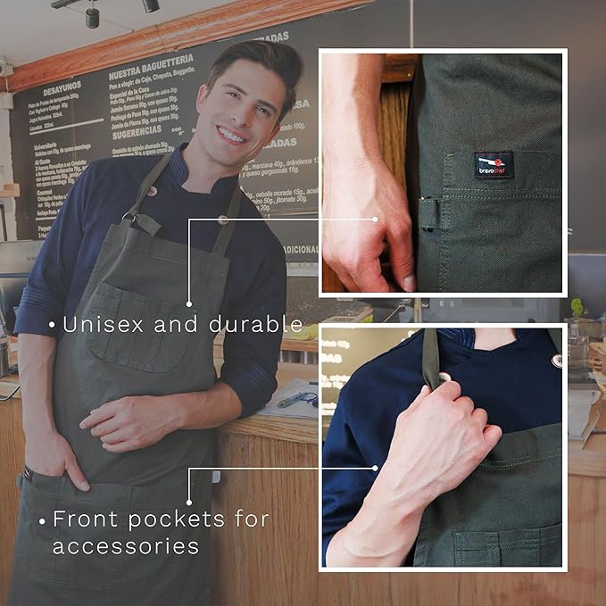 | Green Verona Gabardine Apron – Design for Men and women with neck adjuster, Anti-lint fabric with large pockets. For kitchen work, Chef.