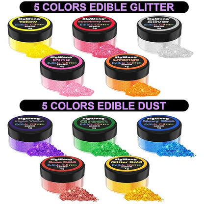 Edible Glitter - 10 Colors Luster Dust Edible Set for Drinks, Food Grade Edible Glitter Dust for Cake Decorating, Cocktail, Fondant, Strawberries, Candy, Cookie, Chocolate. Vegan and Gluten Free - 4g/bottle