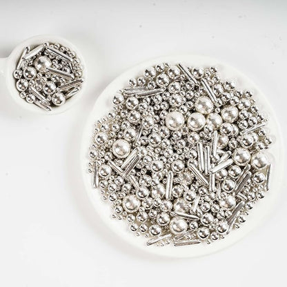 Kasvan Silver Pearl Sugar Sprinkles - Edible Candy Pearls 130g/4.58 Oz, Mix Size, Baking Cake Decorations, Ice Cream Toppings and Cookie Decorating, Wedding Party Chirstmas Supplies (Silver）