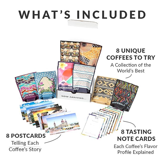 Atlas Coffee Club World of Coffee Discovery Set - Gourmet Coffee Gift Sampler - 8-Pack Variety Box of the World’s Best Single Origin Coffees - Whole Bean