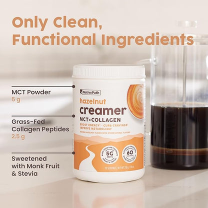 NativePath Keto Coffee Creamer Powder Hazelnut — Keto-Friendly, Non-Dairy & Low Sugar Creamer. Made with Grass-fed Collagen Protein Powder, MCT Oil & Monk Fruit. Soy & Gluten Free (7.6OZ)