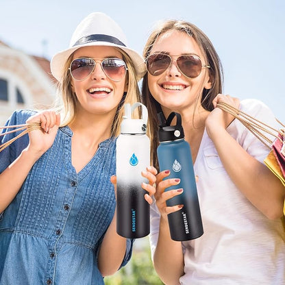 SENDESTAR Stainless Steel Wide Mouth Water Bottle 24oz Double Wall Vacuum Insulated Leak Proof Bottle with New Flex Straw Lid & Spout Lid XIN-MC-0750-1