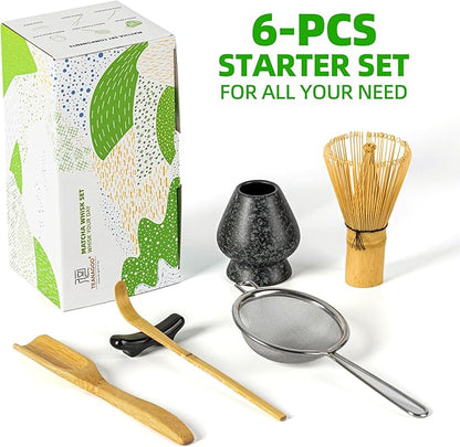 TEANAGOO Matcha Whisk Set,Bamboo Matcha Whisk (100 prongs) with Black Holder,6-PCS Traditional Starter Set,Scoop (Chashaku),Bamboo Chasen for Making Latte,Ceremony Accessory,Gife for Friend/Family