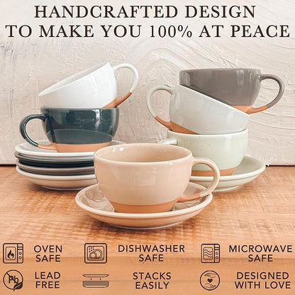 Mora Ceramic Latte Art Mug With Saucer - 10.5 oz, Round Bottom For Perfect Pours - Cafe Cups for Cappuccino, Espresso, Coffee, Tea etc - Porcelain Set for Baristas, Great Gift - Chai Latte