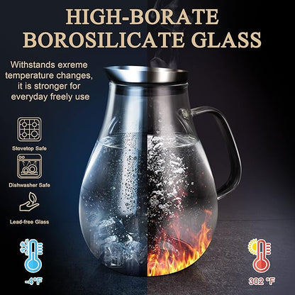 SUSTEAS 2 Liter Glass Pitcher, Water Pitcher with Removable Lid And Wide Handle, Easy Clean Juice Jug for Fridge, Beverage Carafe for Cold/Hot Water, Iced Tea, 1 Long-Handled Brush Included