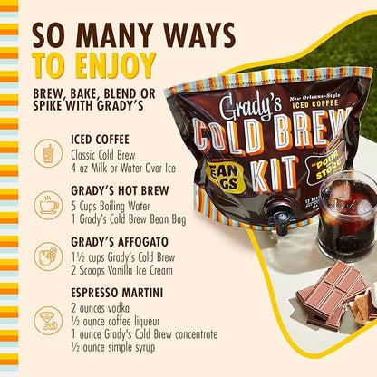 GRADY’S COLD BREW, New Orleans Style, 100% Arabica Ground Coffee & Chicory Pouches, 2 All-in-One Cold Brew Kits, each with 12 Easy-to-Brew Beans Bags, Makes 72 drinks