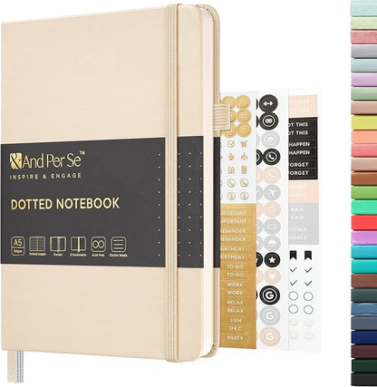 &And Per Se Dotted Journal Notebook, A5 Hardcover Leather Bullet Dotted Journal, 160 Pages 100 gsm Thick Dotted Paper，3 Stickers Included for Women Men, Work Office or School - 5.7'' x 8.3'' (Light