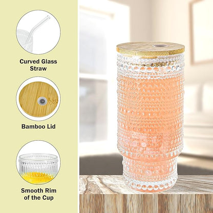11 oz Drinking Glasses Cups Set of 2 with Bamboo Lids Straws Brush Vintage Small Glassware Set for Mojito Iced Coffee Cocktail Whiskey(Ribbed & Hobnail)