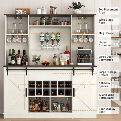 Farmhouse Coffee Bar Cabinet with Charging Station & Sliding Barn Doors - 63" W x 71" H Large Wine Rack, Built-in Liquor Dispenser, Glass/Mug Holders for Kitchen, Living Room, Hallway