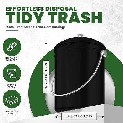 Utopia Kitchen Compost Bin for Kitchen Countertop, 1 Gallon Compost Bucket for Kitchen with Lid, Includes 1 Spare Charcoal Filter (Black)