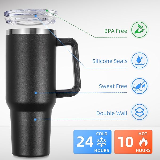 DOMICARE 40 oz Tumbler with Handle and Straw, Stainless Steel Tumbler with Lid and Straw, Reusable Vacuum Insulated Cup, Travel Coffee Mug, Black, 4Pack