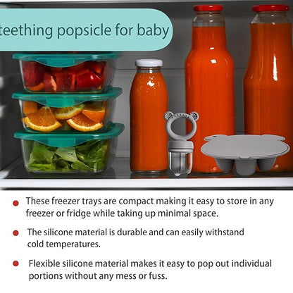 Silicone Baby Food Freezer Tray with Teething Popsicle Molds - Baby Fruit Feeder and Breastmilk Teether Combo
