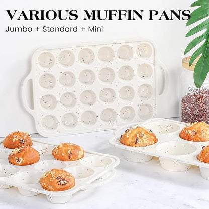 1 Pc Silicone Mini Muffin Pan With Metal Frame, 24 Cups Nonstick Cupcake Tray for Baking, Small Muffin Molds with Handles (Cream)