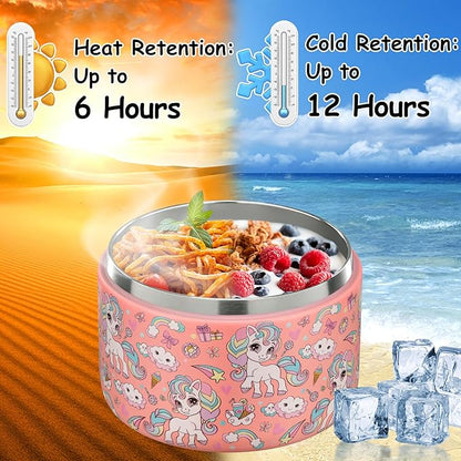 12oz Insulated Vacuum Food Jar with Buckle Lid Wide Mouth Soup Thermo for Hot Food Kids Leakproof Stainless Steel Lunch Container (Pink-Horse)