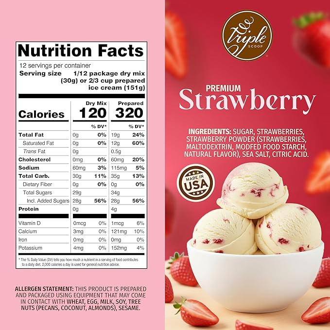 Triple Scoop - Premium Strawberry Ice Cream Mix For Ice Cream Maker. Simple, Easy, Delicious. From Gourmet Mix To Maker in 5 Minutes, Makes 2 Creamy Quarts, Made in USA (1 Pack, Strawberry)