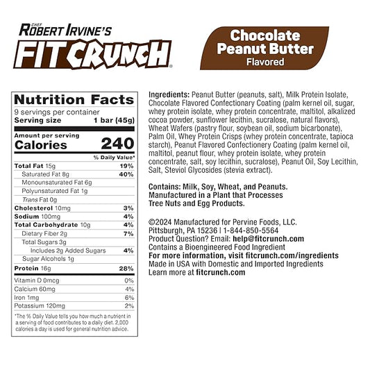 FITCRUNCH Wafer Protein Bars, 16g of Protein & 3g of Sugar (9 Bars, Chocolate Peanut Butter)