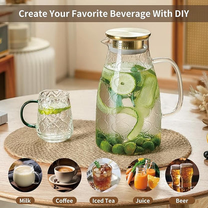 Glass Pitcher with Lid and Handle, 2 PACK 68 oz/2 Liter Vintage Flower Design Fridge Water Pitcher, Borosilicate Glass Water Carafe for Hot/Cold Water,Coffee,Iced Sun Tea,Heat Resistant